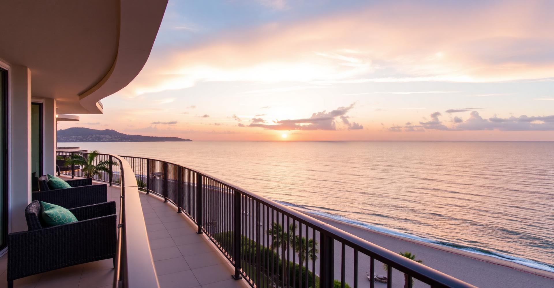 Terraço com vista para o mar ao pôr do sol